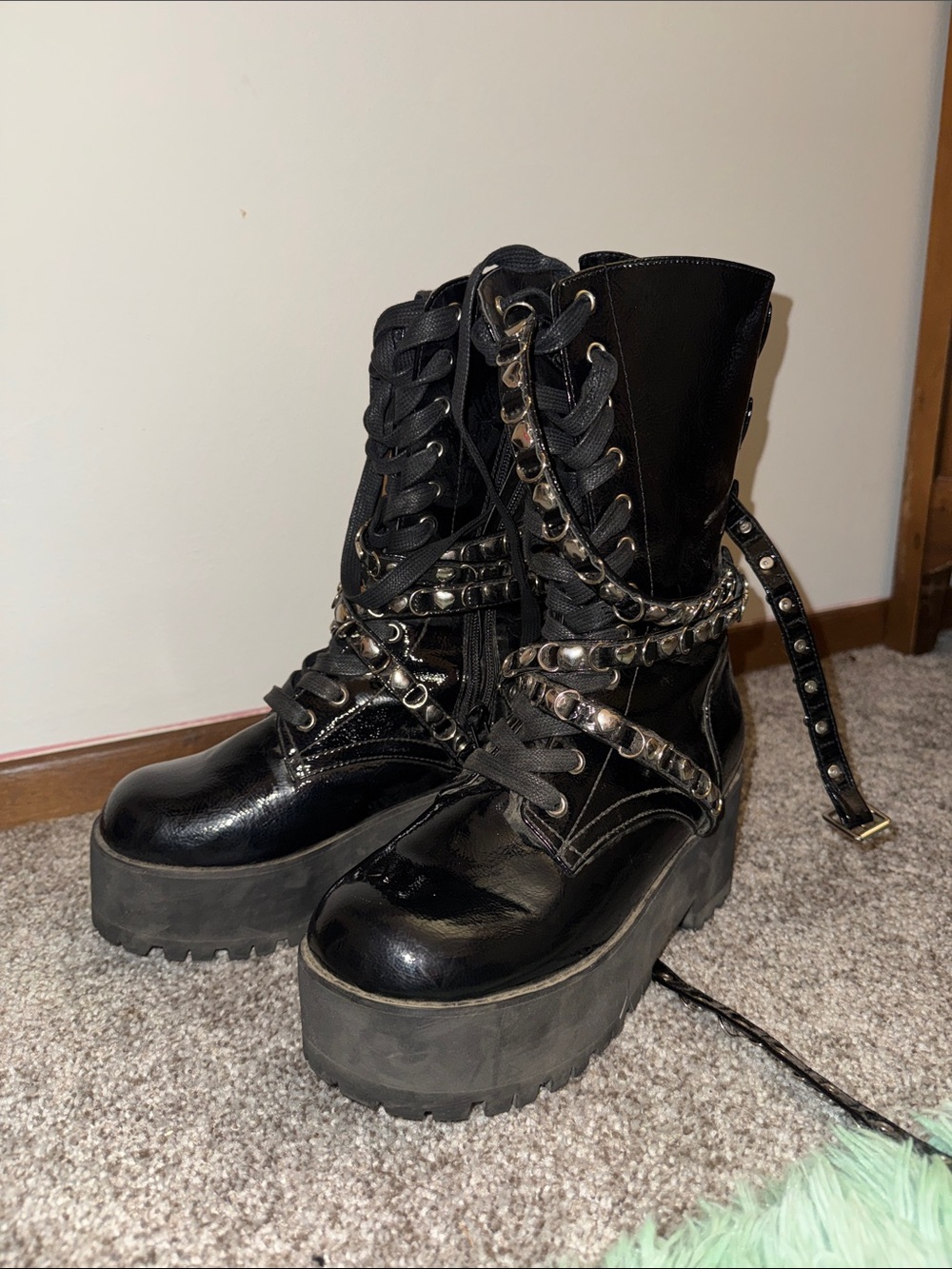 Sugar Thrillz Black Patent Platform Combat Boots with Studded Wrap Straps